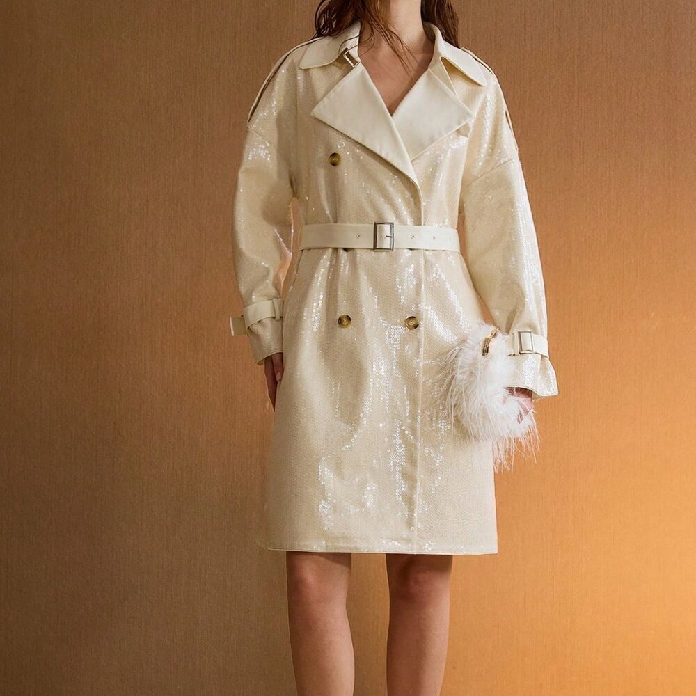 Elegant Women's Premium Sequin Embellished Belted Trench Coat Jacket - Picture 4 of 6